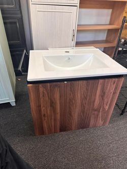 24 Inch Floating Wall-Mount Single Bathroom Vanity with Ceramic Sink, Handleless Fluted Texture, Walnut/Yellow - 24 Inch