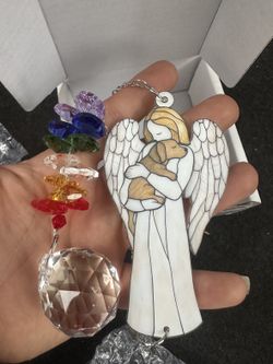 Angel Hugging Dog Crystal Suncatcher - Rainbow Chakra Crystals, New