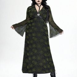 Plus Size Women Gothic Spider Web Flock Bell Sleeve V-Neck High Slit Dress, Halloween Clothes