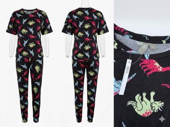 ASOS Dinosaur Print Pajama Set Womens Black Short Sleeve Top Pants NWT