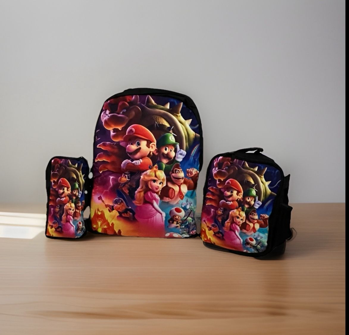 3 Piece Super Mario School Backpack Lunch Box Set Tote Bag Pencil Case