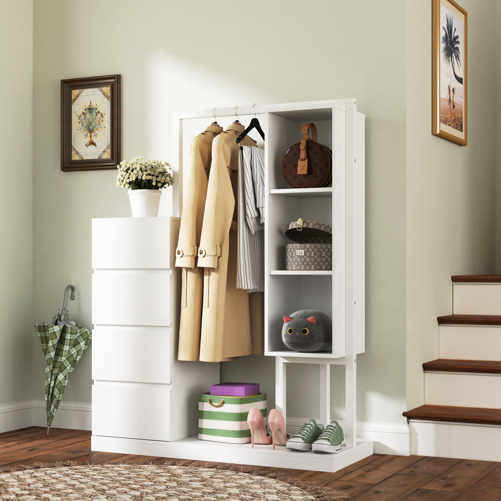 Wardrobe with Hanging Rack & Shelves, 4 Drawers Wardrobe with Storage Shelves for Bedroom, Wardrobe Closet Organizer for Hanging Clothing with Drawers