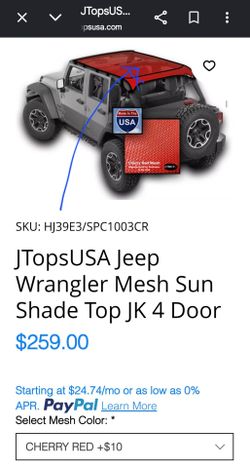 Jeep Wrangler 07-18. New Mesh Sun shade