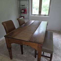 Antique Table And Seated Bench And Two Stools