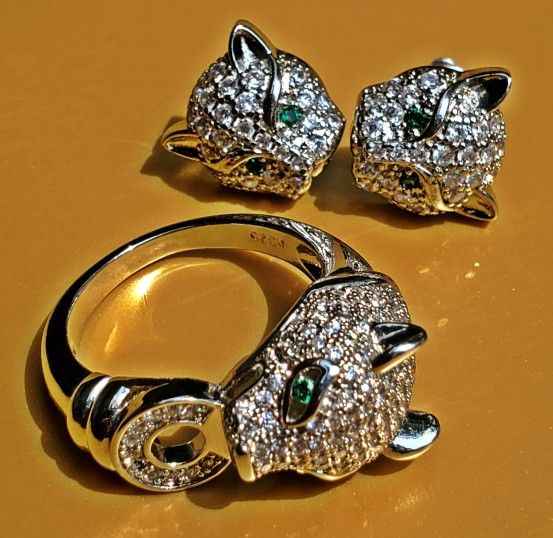 Silver Snow Leopard Ring And Cub Earrings