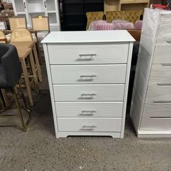 5 Drawer Dresser, Tall White Dresser Chest of Drawers, Modern Storage Cabinet with Metal Handles, Wood Vertical Organizer for Living Room, Hallway, En
