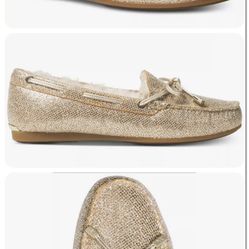 New Michael Kors Sutton Moccasins Flat loafers Mesh Fabric Shearling champagne