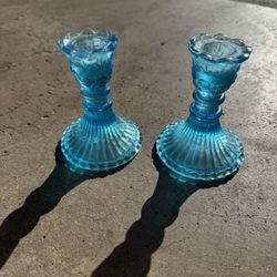 Blue Glass Vintage Candle Stick Holders 