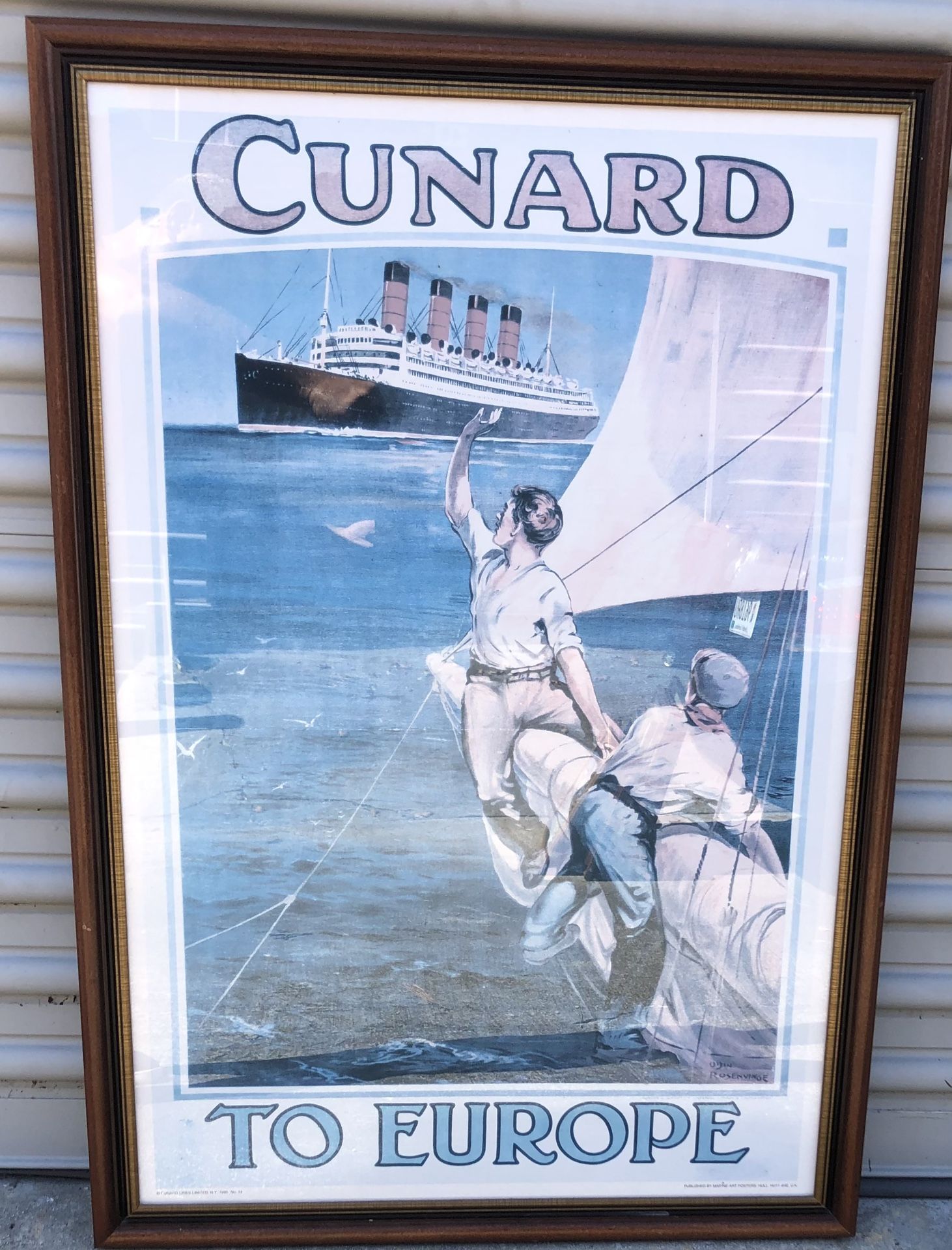 Vintage Nautical Cunard To Europe Poster Print Nicely Framed 25 X 36”