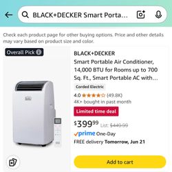 BLACK+DECKER Smart Portable Air Conditioner, 14,000 BTU For Rooms Up To 700 Sq. Ft., Smart Portable AC With Follow Me Remote And Window Kit, BPACT14WT