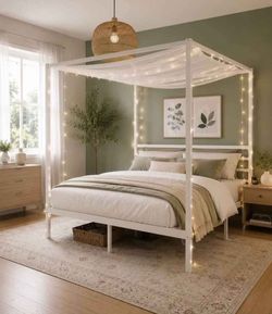 Queen bed Size Metal Canopy Bed Frame, Heavy-Duty Support, White
Modern Four-Poster Platform Bed, Under-Bed Storage, EVA Noise Sponge, Mattress Founda