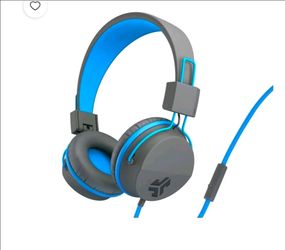 JLab JBuddies Studio On-Ear Kids Wired Headphones, Grey/Blue, Studio Volume Safe, Volume Limiter, Folding, Adjustable, Noise Isolation, with Mic