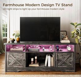 NIB 65 Inch Farmhouse TV Stand Console with LED & Outlets - Grey