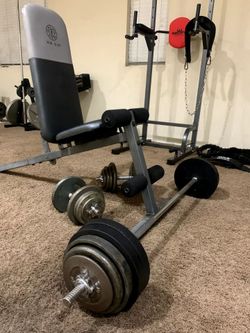 250 lbs Complete Cast Iron Barbell Dumbbells Bench Set
