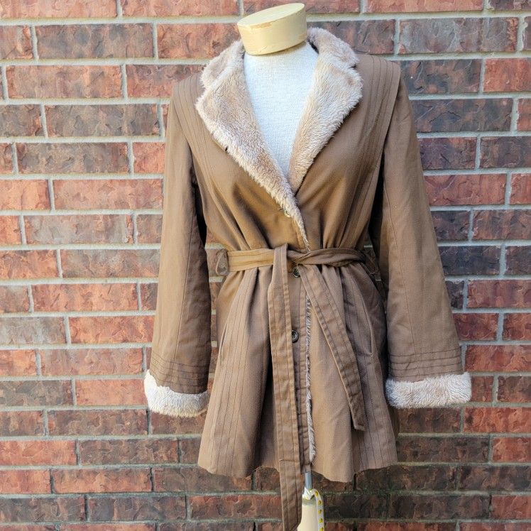 Vtg Bonders Calender Cloth Brown Faux Fur Lined Belted Coat USA No Size