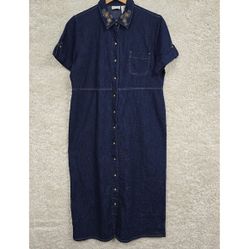 Vtg White Stag Dress Large Blue Denim Embroidered Snap Western Modest Timeless 