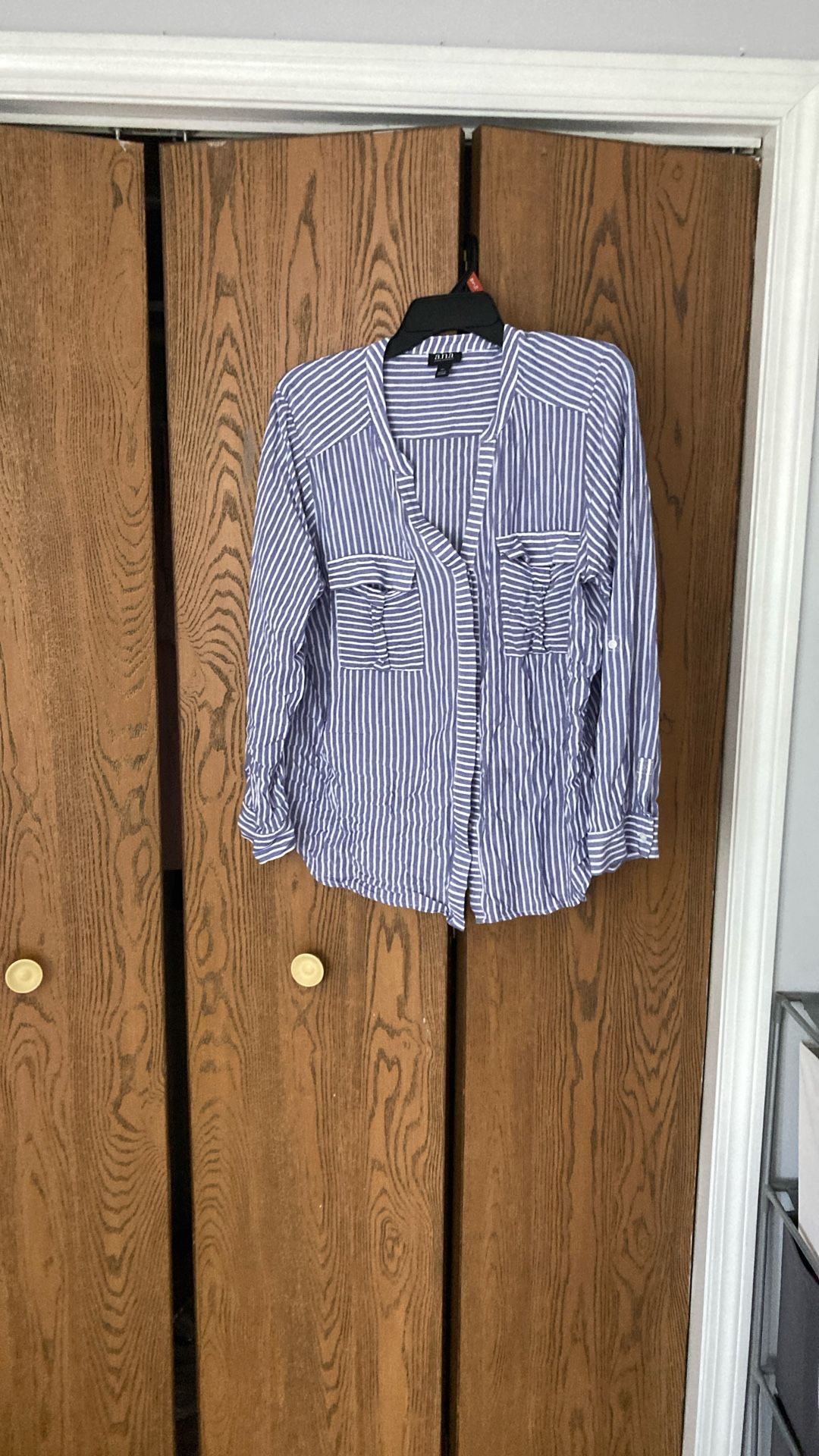 Long sleeve blue and white striped shirt
