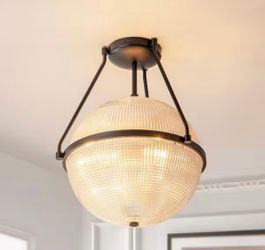 Modern Grid Textured Glass Globe Semi-Flush Mount Light