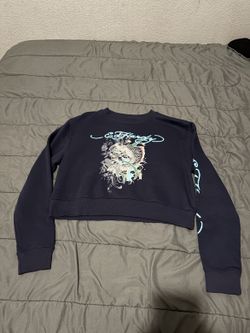 Ed Hardy Women's Blue Cropped Sweatshirt Medium, Long Sleeve, Pullover