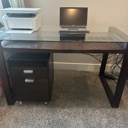 Natural Wood Priced To Sell This Weekend!  Computer Desk With Glass Top And File Cabinet 