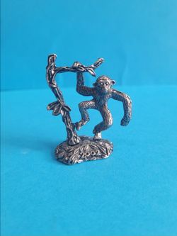 Miniature Pewter Monkey Swinging On Tree Branch Decorative Figurine 2002.