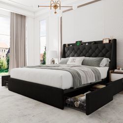 Queen Bed Frame with 4 Storage Drawers, Upholstered Modern Bed Frame with Wingback Headboard, Charging Station, No Box Spring Needed, Easy Assembly, B