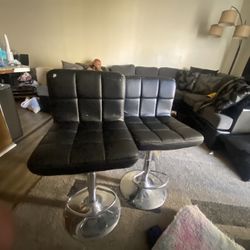 2 Black Leather/ Silver Bar Stools