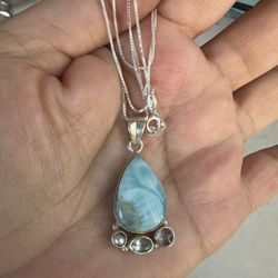 925 Sterling Silver Genuine Larimar, Pearl , Topaz And Moonstone Necklace , W/18in. 925 Chain, All Natural Stones , Marked 925 