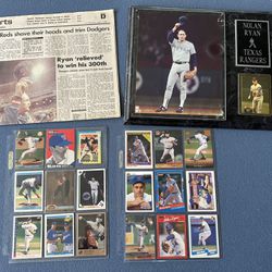 Vintage NOLAN RYAN baseball Memorabilia Lot - Cards, Plaque, Newspaper