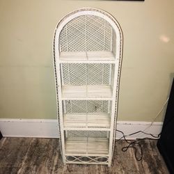 Vintage White Arched Wicker Rattan Wood 4 Tier Shelf Stand - 55” X 19”
