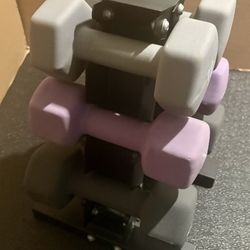 Cast Iron Neoprene Coat ...Set of Dumbbells with Rack; pairs of  12s, 15s and 17.5 lbs. 
