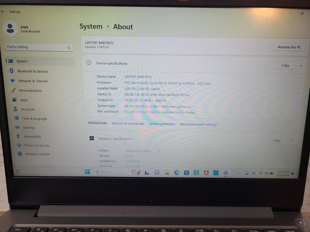 Laptop LENOVO 11GENERACION, 4GB RAM, 128GB STORAGE, WINDOWS 11