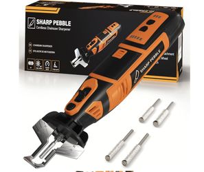 Sharp Pebble Electric Cordless Chainsaw Sharpener Kit - Comes With Chain Saw Sharpener Tool, 4 File Size Sharpening Wheels, Angle Attachment, Wrench &