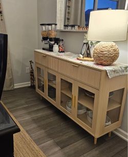 Light Wood Sideboard Buffet with Glass Doors