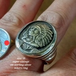 $125! Super Cool Vintage Ott Sterling Silver Biker Ring, size 13