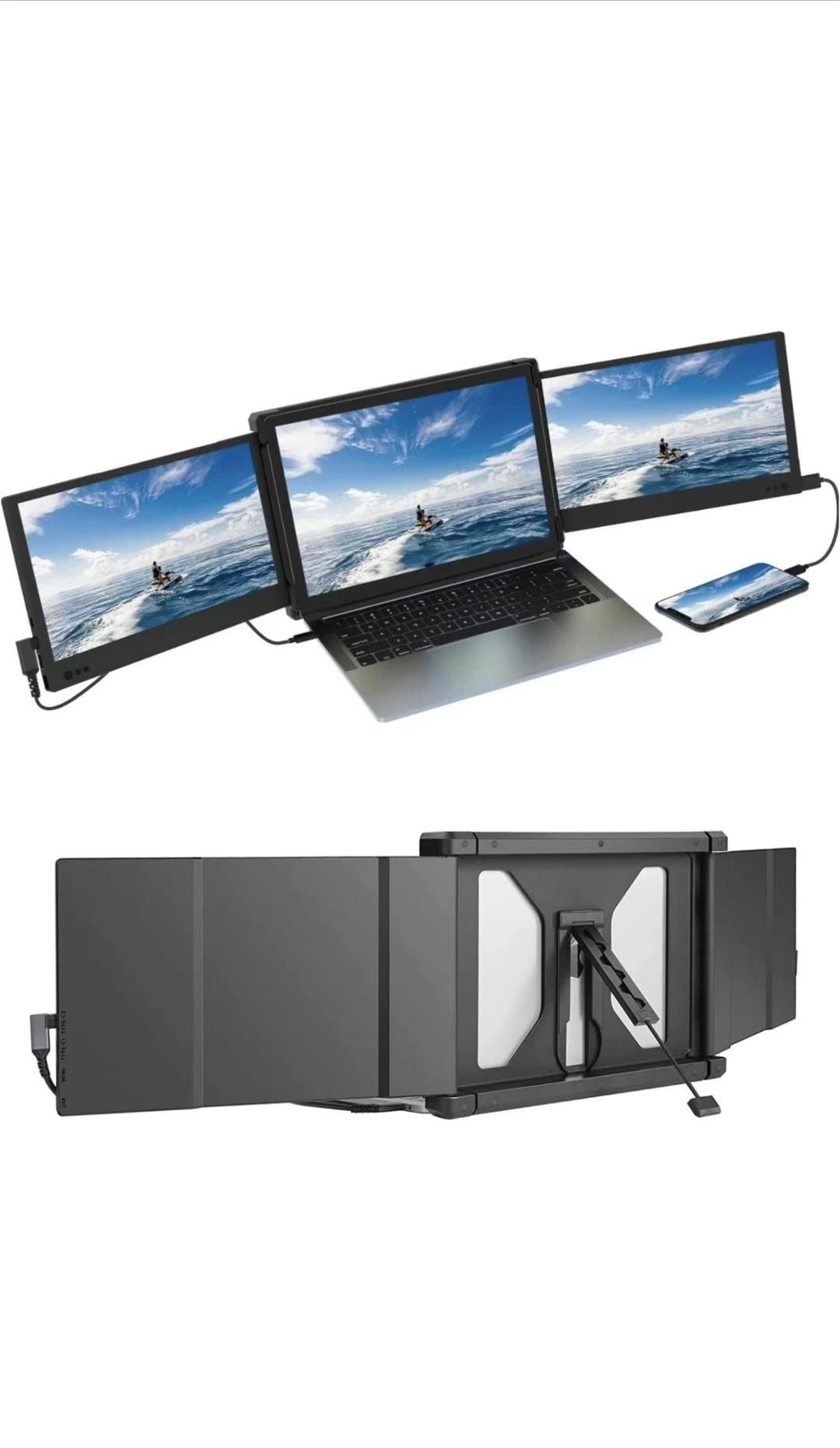 Triple Portable Monitor for Laptop Screen Extender Dual 12'' Tri Display 1080P FHD IPS USB-A/Type-C/HDMI 4 Speakers Monitor for Switch/PS5 Support 13
