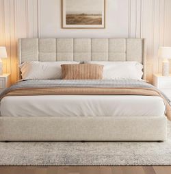 King Bed Frame with Hydraulic Gas Lift Up Storage, Linen Upholstered