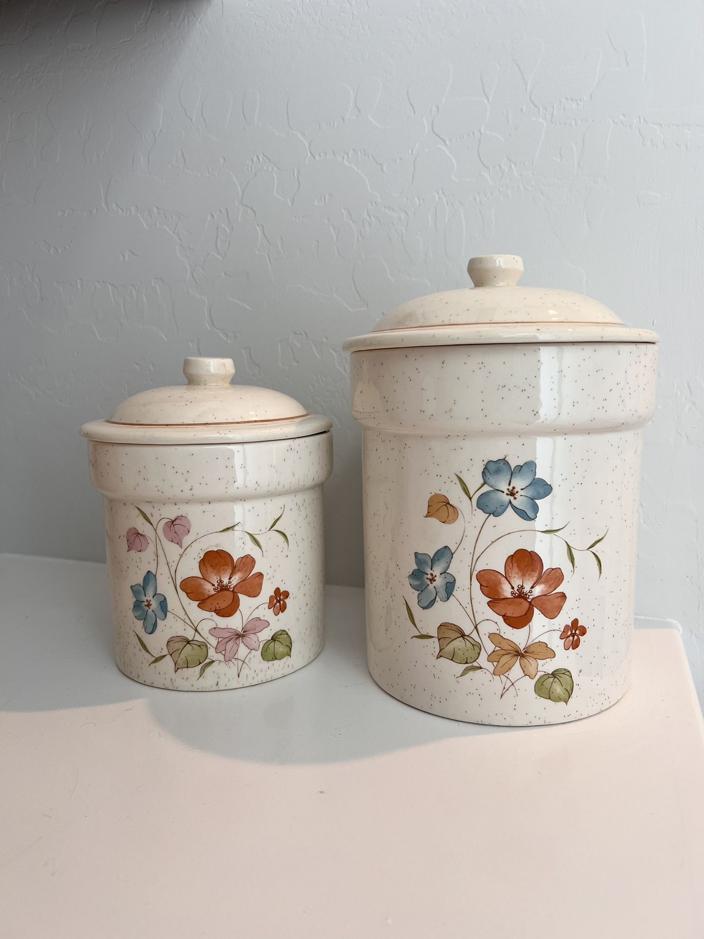 Rare Set of 2 Vintage Wildflower Treasure Craft Stoneware Canisters Floral Cottage Made In USA 1970s Ceramic Aesthetic Pantry Organization