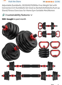 Adjustable Dumbbells, 20/30/45/70/90lbs Free Weight Set with Connector,5 in1 Dumbbells Set Used as Barbell,Kettlebells,Push up Stand,Fitness Exercises