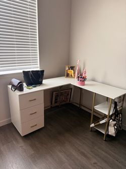 White L-Shaped Desk with Drawer Unit