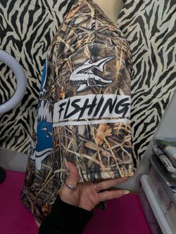 Camo Fishing Shirt with Shark Graphic