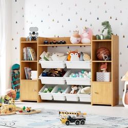 Kids Toy Organization Cubby Bookcase with 8 Bin, 2 Door Storage Organizer Bookshelf for Children Room Playroom, Natural