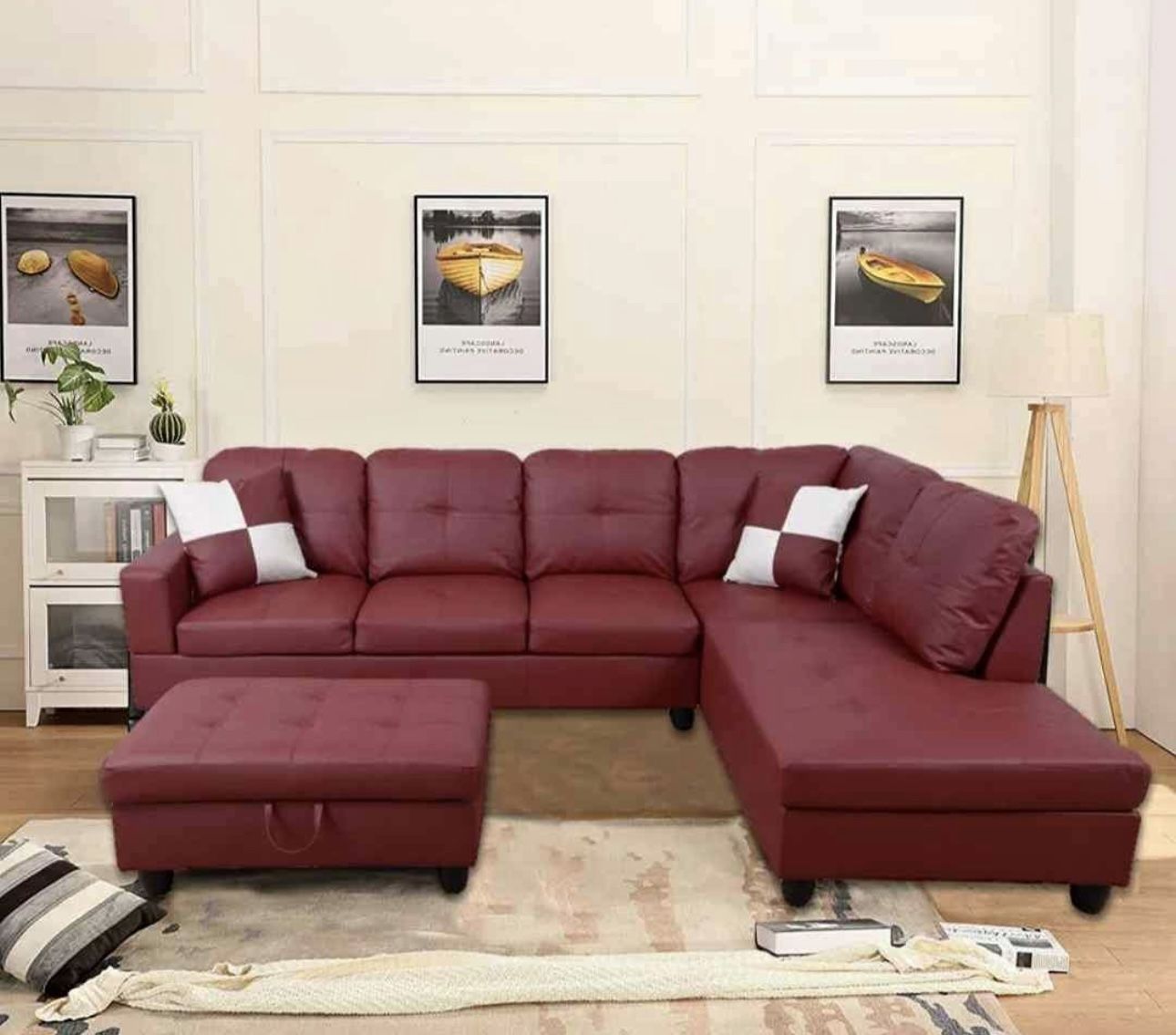 Burgundy Red Leather Sectional Couch And Ottoman