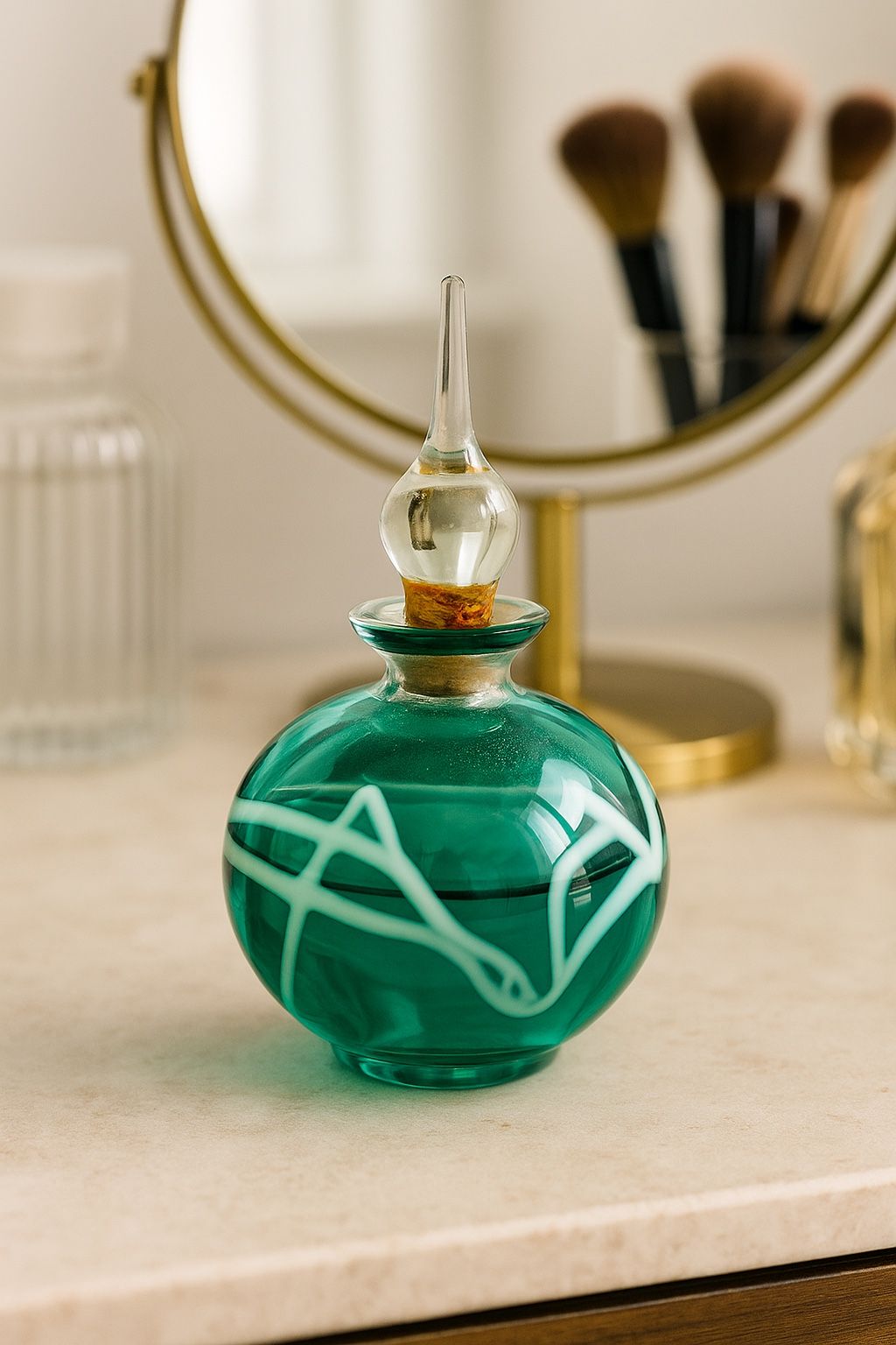 Art Glass Vintage 2000s Perfume Bottle Teal Hanging Hearts White Ribbons