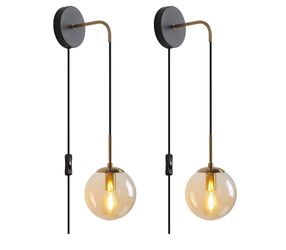 Set of Two Black & Brass Gold Plug in Wall Sconces with Globe Amber Glass Shade - Retail $70
