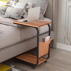 Casual Style C-Shaped Wooden Side Table with Metal Frame, Portable Sofa End Table for Living Room, Bedroom, Small Spaces - Hardwood Construction, Pre-