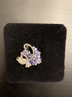 New tanzanite, white zircon and black spinel sterling silver blue jay bird brooch