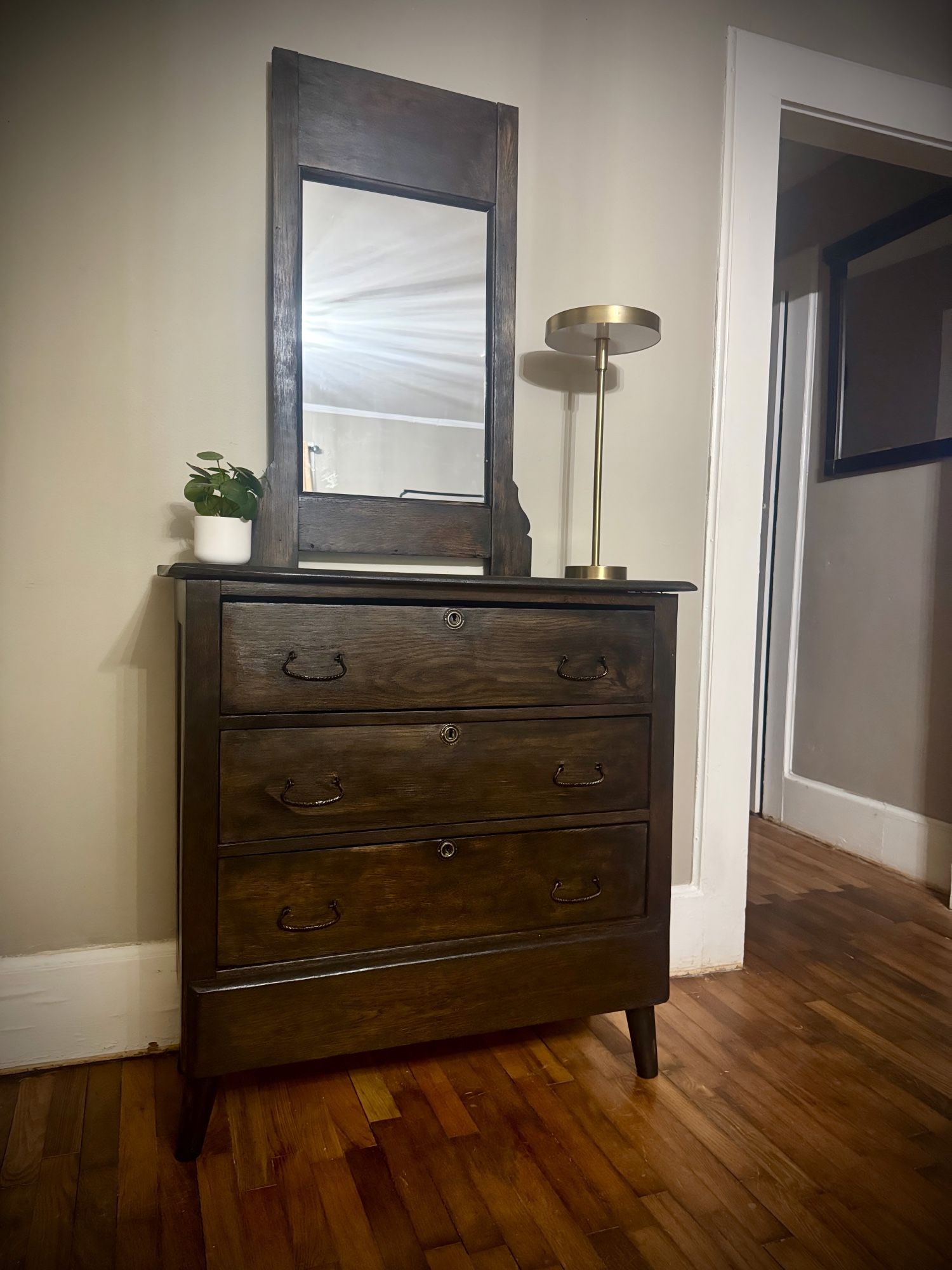 Newly Restored Antique Mid-Century Modern Dresser with Mirror