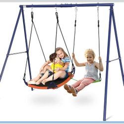 SIHANM Swing Sets for Backyard 2 Seat - Swingset Outdoor for Kids Holds 440 lbs Heavy Duty Metal Swing Frame Waterproof with Adjustable Saucer Swing B