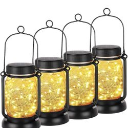 4 Pack Solar Hanging Lantern with Stakes, Outdoor Waterproof Solar Mason Jar Fairy String Lights Decorative Vintage Glass Lamp-Warm White